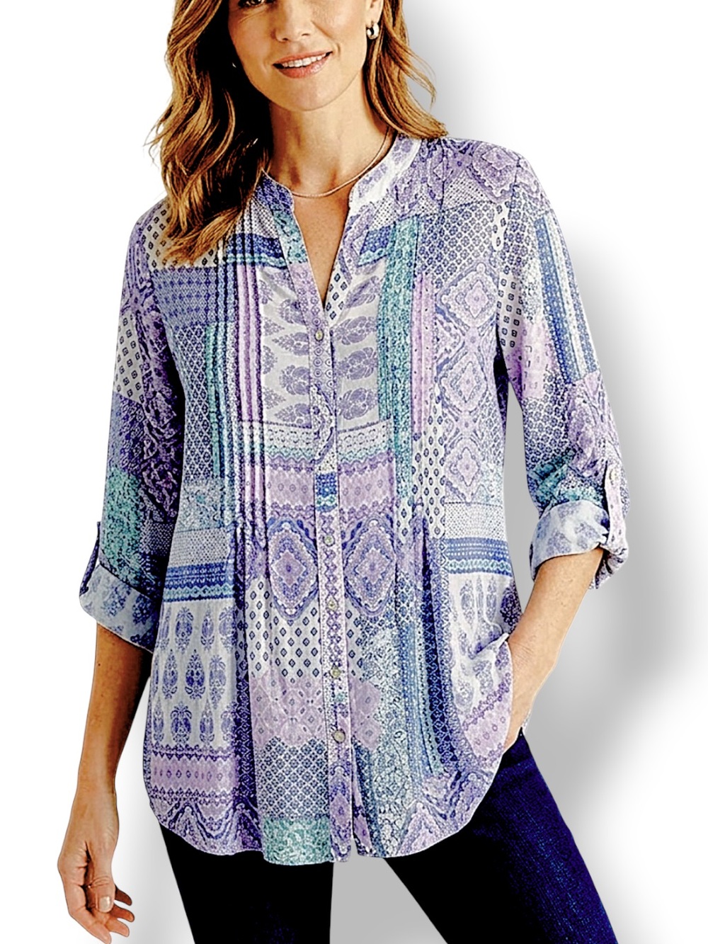 Ruby Rd. Boho Tunic Top Pin Tuck Block Paisley Patchwork Button Up Lavender 2X